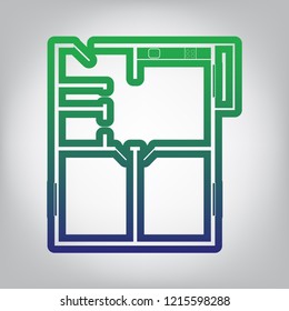 Apartment house floor plans. Vector. Green to blue gradient contour icon at grayish background with light in center.