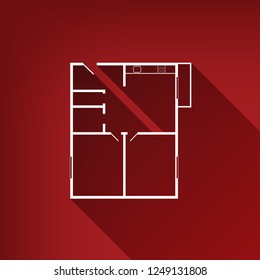 Apartment house floor plans. Vector. White icon with limitless shadow at ruby red background.