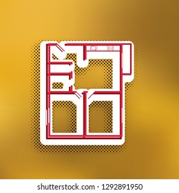 Apartment house floor plans. Vector. Magenta icon with darker shadow, white sticker and black popart shadow on golden background.