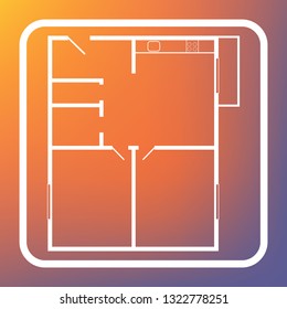 Apartment house floor plans. Vector. White icon on transparent button at orange-violet gradient background.