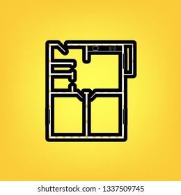 Apartment house floor plans. Vector. Yellow polka dot white icon with black contour at warm yellow background.