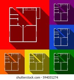Apartment house floor plans. Vector. Set of icons with flat shadows at red, orange, yellow, green, blue and violet background.
