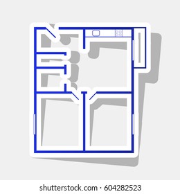 Apartment house floor plans. Vector. New year bluish icon with outside stroke and gray shadow on light gray background.