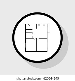 Apartment house floor plans. Vector. Flat black icon in white circle with shadow at gray background.