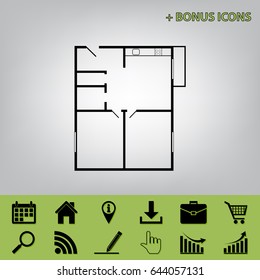 Apartment house floor plans. Vector. Black icon at gray background with bonus icons 