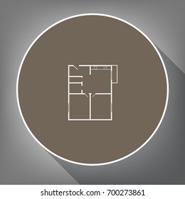Apartment house floor plans. Vector. White icon on brown circle with white contour and long shadow at gray background. Like top view on postament.