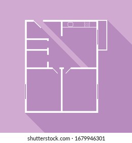 Apartment house floor plans. White Icon with long shadow at purple background. Illustration.