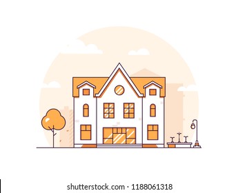 Apartment house - modern thin line design style vector illustration on white background. Orange colored composition with a facade of two storey building with dormer windows, lantern, fountain, tree