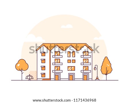 Apartment house - modern thin line design style vector illustration on white background. Orange colored composition with a nice four storey building, lantern, merry go round, trees. City architecture