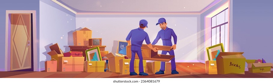 Apartment or house moving. Two porters unloading furniture and cardboard boxes with belongings into empty room of new home. Family relocation and changing dwelling, delivery services concept.