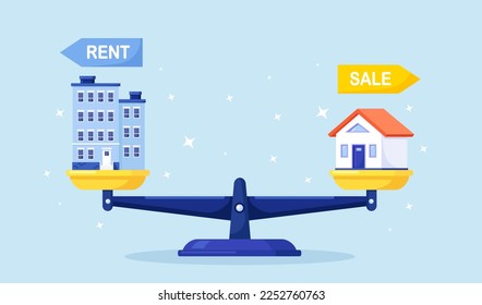 Apartment and house on scales. Choosing between rent apartments or buying housing. Investment opportunities to invest in home or condo. Sale or rent real estate, rental expense. Mortgage loan