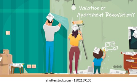 Apartment, House Renovation on Vacation Cartoon Vector Concept. Family Members, Parents with Child Wearing Paper Hats, Repairing Living Room, Painting, Wallpapering Wall in Their New Home Illustration