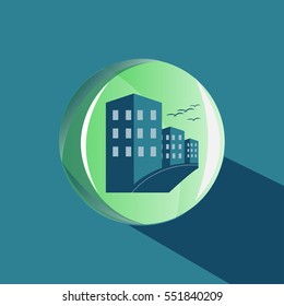 Apartment house with seagulls. Green and blue color. Round background. Ball. Logo for real estate Agency. Low-rise construction. Vector