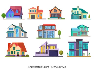 Apartment house set. Building, cottage, villa. Architecture concept. Vector illustrations can be used for topics like real estate, facade, residence, neighborhood