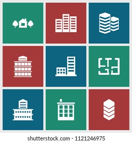 Apartment icon. collection of 9 apartment filled icons such as building, plan. editable apartment icons for web and mobile.