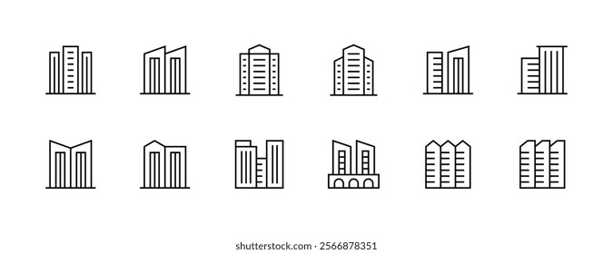 Apartment icon collection. Modern architecture, skyscrapers, city building, residence, cityscape, skyline and more. Editable stroke. Pixel Perfect. Grid base 32px.