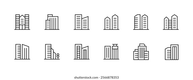 Apartment icon collection. Modern architecture, skyscrapers, city building, residence, cityscape, skyline and more. Editable stroke. Pixel Perfect. Grid base 32px.