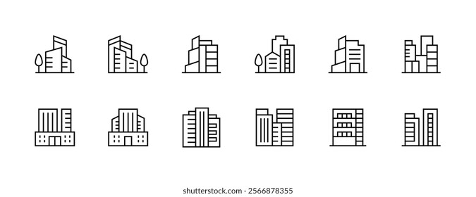 Apartment icon collection. Modern architecture, skyscrapers, city building, residence, cityscape, skyline and more. Editable stroke. Pixel Perfect. Grid base 32px.