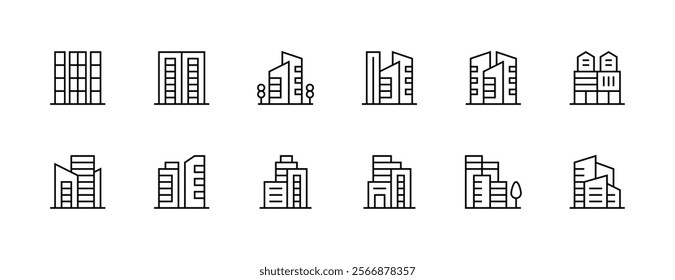 Apartment icon collection. Modern architecture, skyscrapers, city building, residence, cityscape, skyline and more. Editable stroke. Pixel Perfect. Grid base 32px.