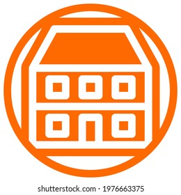Apartment icon in flat design with orange color and outline on a line circle background.
