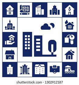  apartment icon set. 17 filled apartment icons.  Simple modern icons about  - House, Skyscrapper, Building, Hotel key, Blueprint, Apartments, Area, Bungalow