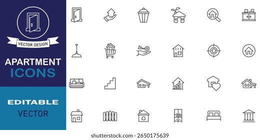 Apartment icon set. Set of 24 line icons related to apartment. Set of public building icon, house, hotel, door, key, architecture, property, construction, real estate and more. Vector illustration.