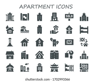 apartment icon set. 30 filled apartment icons. Included Building, Blueprint, Skyscraper, Sold, House, Bungalow, Bunk bed, Mortgage, Apartments, Hotel key, Skyscrapper, Hut icons