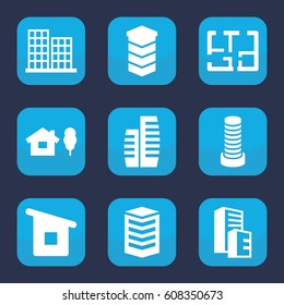 Apartment icon. set of 9 filled apartment icons such as business center building, building, business center, house building, plan