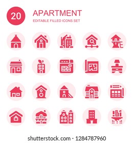 apartment icon set. Collection of 20 filled apartment icons included Hut, House, Skyscraper, Homepage, Tree house, Building, Buildings, Blueprint, Bedside table, Indoor, Real estate