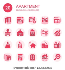 apartment icon set. Collection of 20 filled apartment icons included Office building, Buildings, Homepage, House, Blueprint, Bedside table, Hut, Bunk bed, Building, Rental, Duplex