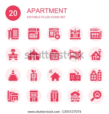 apartment icon set. Collection of 20 filled apartment icons included Office building, Buildings, Homepage, House, Blueprint, Bedside table, Hut, Bunk bed, Building, Rental, Duplex