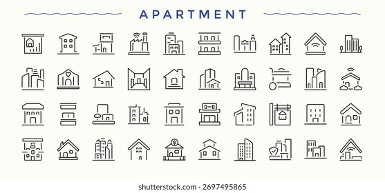 Apartment icon set. Home icon pack. Perfect for logos and infographic. Contains related to building, mortgage, house, construction, estate, property. Editable vector. Pixel perfect.