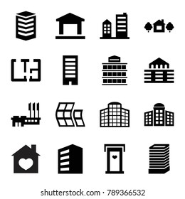 Apartment icons. set of 16 editable filled apartment icons such as building, building   isolated  sign symbol, door with heart, plan, house with heart