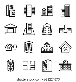 Apartment icons set. set of 16 apartment outline icons such as building, builidng, mortgage, plan