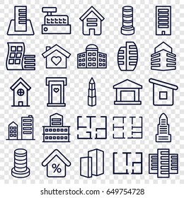 Apartment icons set. set of 25 apartment outline icons such as building, modern curved building, door with heart, business center, house builidng, builidng, mortgage, plan