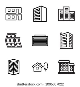 Apartment icons. set of 9 editable outline apartment icons such as building, business center building, house and tree, house builidng