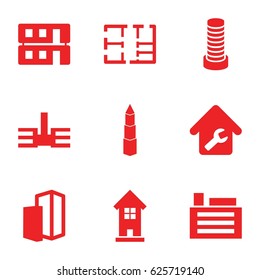 Apartment icons set. set of 9 apartment filled icons such as business center building, building, house building, home repair