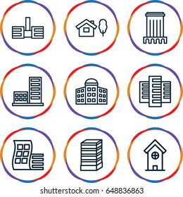 Apartment icons set. set of 9 apartment outline icons such as modern curved building, building   isolated  sign symbol, builidng