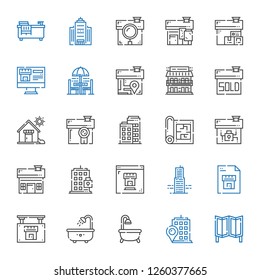 apartment icons set. Collection of apartment with room divider, building, bathtub, real estate, blueprint, house, sold, motel, chair and table. Editable and scalable apartment icons.