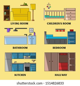 Apartment inside. Detailed  house interior: lounge, baby room, bathroom, bedroom, kitchen, hallway. Rooms with furniture. Flat style vector illustration. 