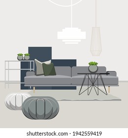 Apartment inside. Detailed modern house interior. Room with furniture. Flat style vector illustration.