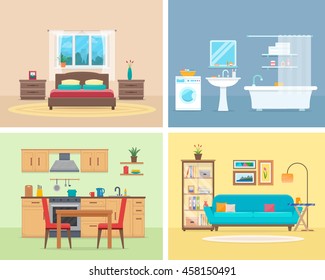 Apartment Inside. Detailed Modern House Interior. Rooms With Furniture. Flat Style Vector Illustration.