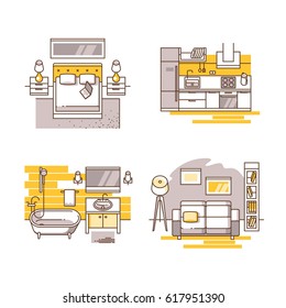 Apartment inside. Detailed modern house interior. Living room, bedroom, kitchen and bathroom. Vector illustration in line style. Can be used for advertising or web design.