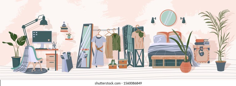 Apartment inside. Detailed modern woman room interior. Room with pastel color furniture in Scandinavian style.