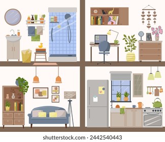 Apartment inside - detailed plan. Rooms with furniture and household items. Bathroom with shower. Work office with computer and chair. Living room with sofa and kitchen with window. Flat vector