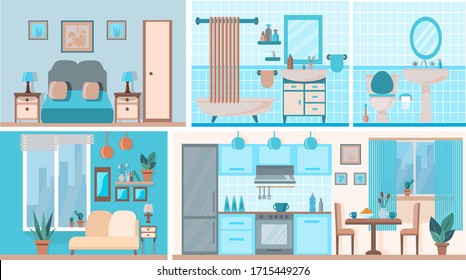 Apartamento interior. Cocina, salón, dormitorio, baño. Decoración moderna y detallada. Habitaciones con muebles. Decoración relajante en tonos azules. Ilustración vectorial de estilo plano. Plantilla de diseño