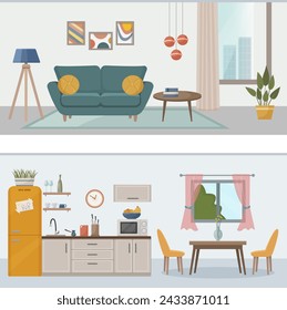 Apartment inside. Set with interior, kitchen and living room. Furnished rooms. Flat vector illustration of rooms with furniture.