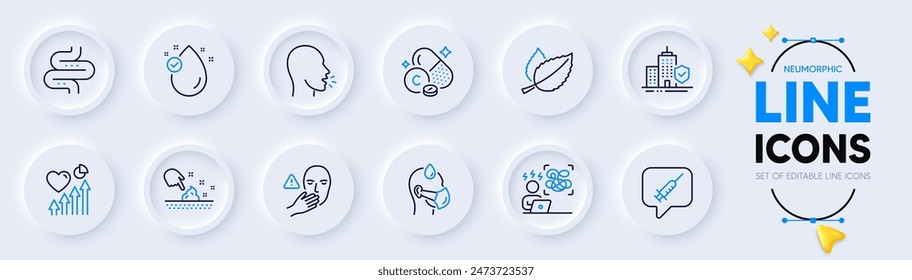 Apartment insurance, Heart beat and Vaccine message line icons for web app. Pack of Skin moisture, Intestine, Cough pictogram icons. Sick man, Mint leaves, Dont touch signs. Vitamin e. Vector