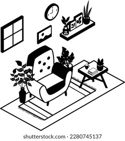 Apartment interior with armchair concept, Cosy study room vector icon design, Green Office symbol, Eco Friendly Workspace sign, Modern interior isometric black stock illustration