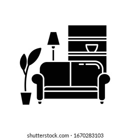 Apartment interior black glyph icon. Living room furniture. Cosy home. Couch. Place for rest and relaxation. Common dormitory space. Silhouette symbol on white space. Vector isolated illustration